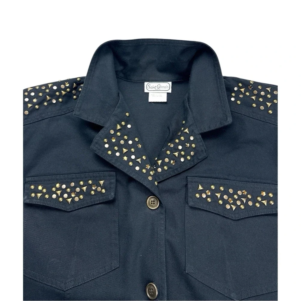 Saint Germain Women's XL Black Cotton Studded Jacket Shoulder Pads Made in USA